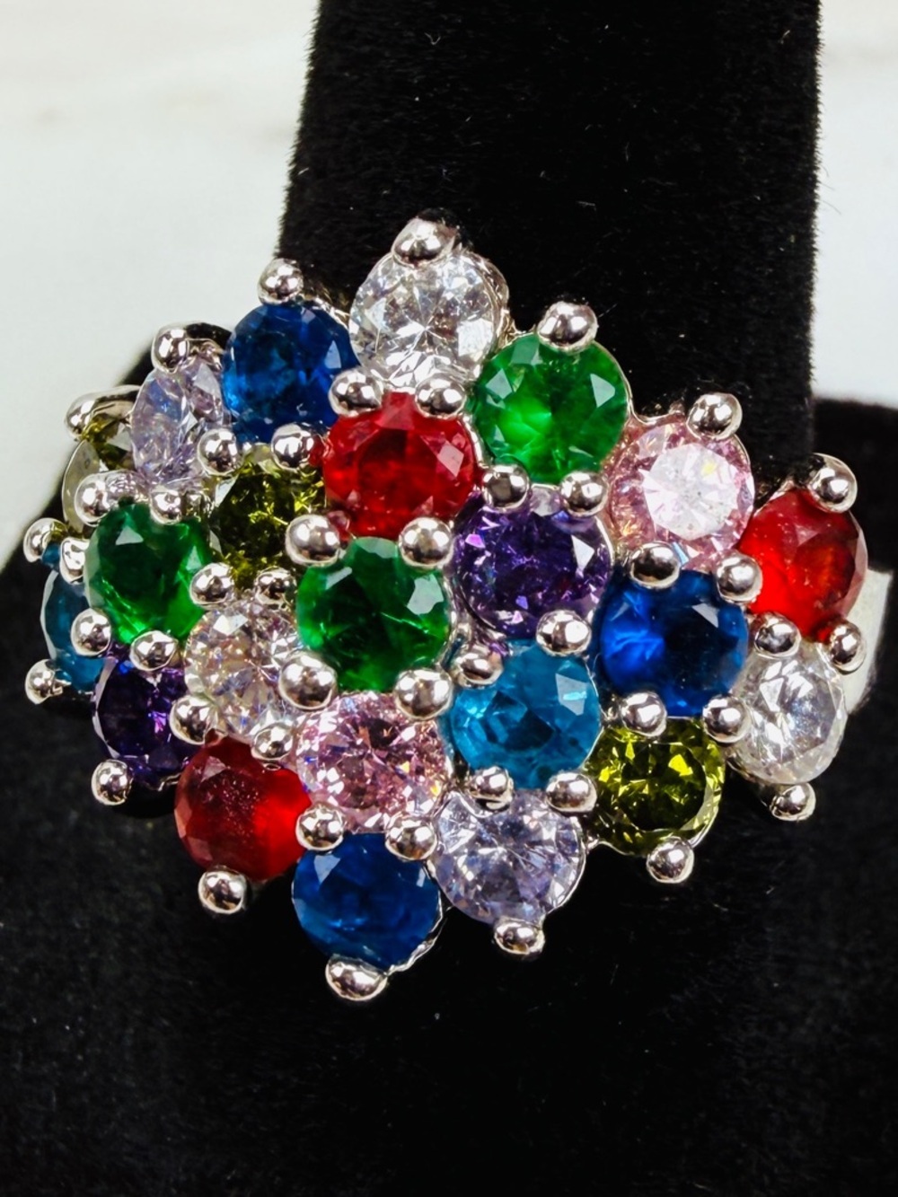 Beautiful Silvertone, multicolored costume bling statement ring, size 8